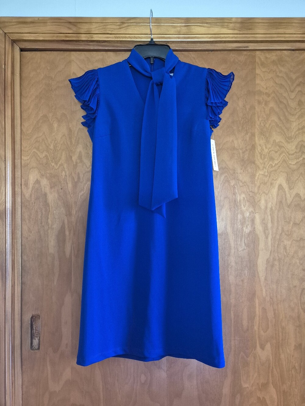 Shelby and Palmer Bright Vibrant Blue Tie Neck Dress with Pleated Cap Sleeves